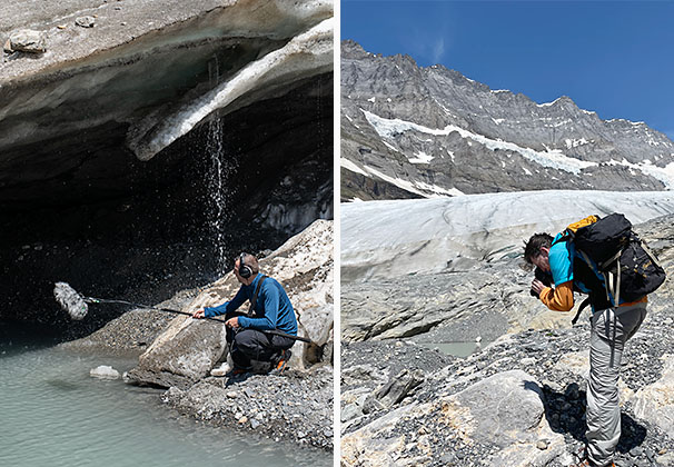 Simon Meyer nimmt mit einem Mikrofon am Gletschertor und Vinzenz Wyser fotografiert die Felsen vor dem Gletscher.